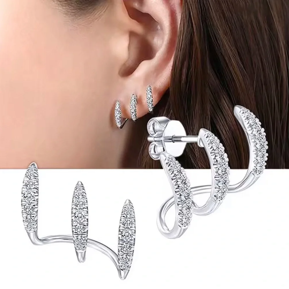 Sterling Silver Triple Row Crystal Ear Cuff Studs